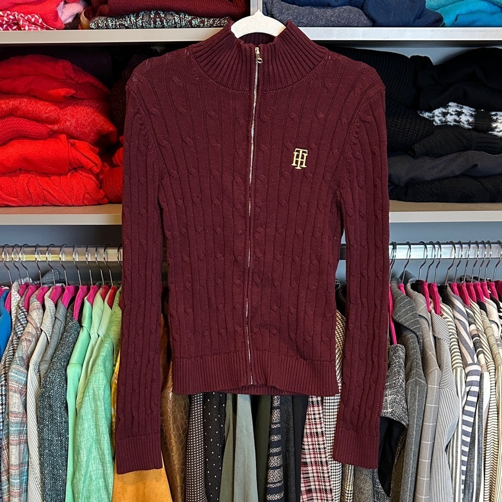 Tommy Hilfiger maroon long sleeve full zip mock neck cable knit sweater size SP